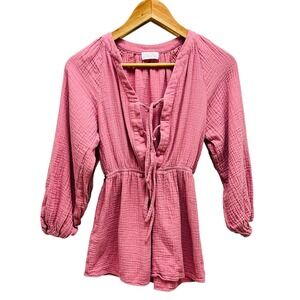 Pink Lily Endless Sunshine‎ Romper XS Pink Tie Front Long Sleeve Mini Dressy